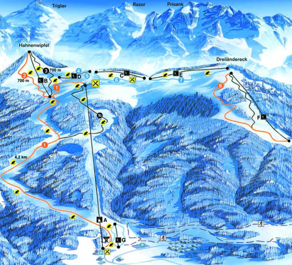 Piste map of Dreiländereck ski resort, in Carinthia, Austria.