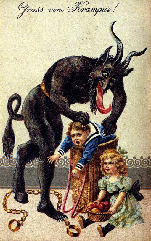 An Austrian postcard showing Krampus stuffing a naughty boy into a basket