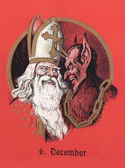 An Austrian Krampus postcard depicting Saint Nicholas and Krampus