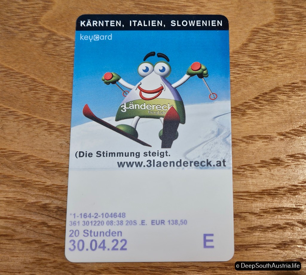 Ski lift pass at Dreiländereck ski resort, in Carinthia, Austria.