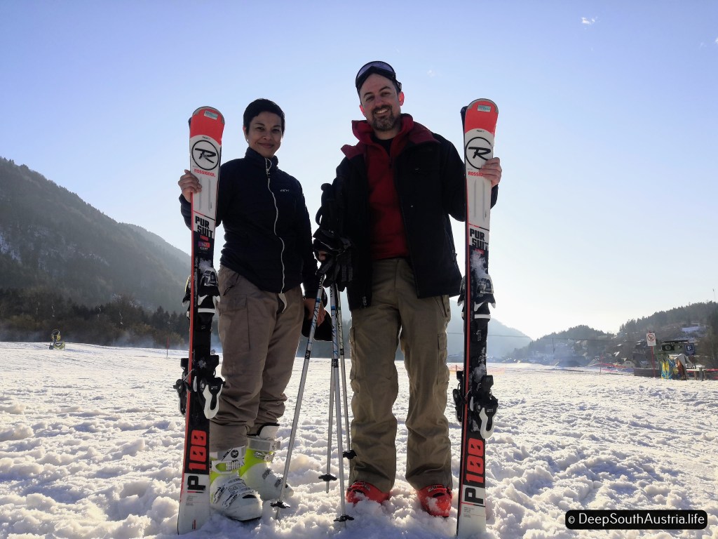 Skiers at Dreiländereck ski resort, in Carinthia, Austria.