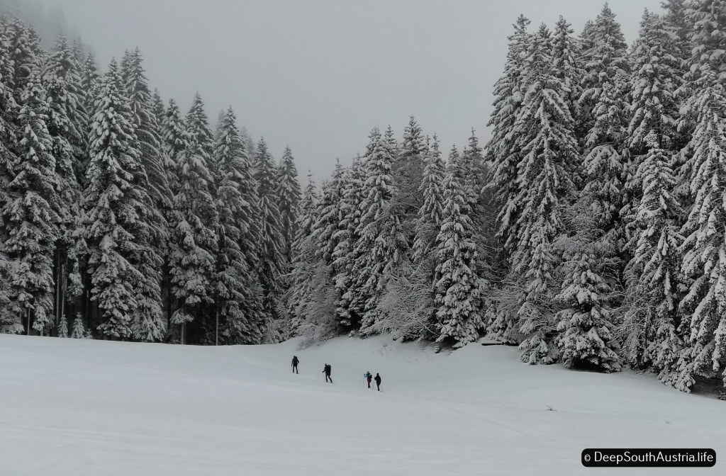 Ski tourers at Dreiländereck ski resort, in Carinthia, Austria.