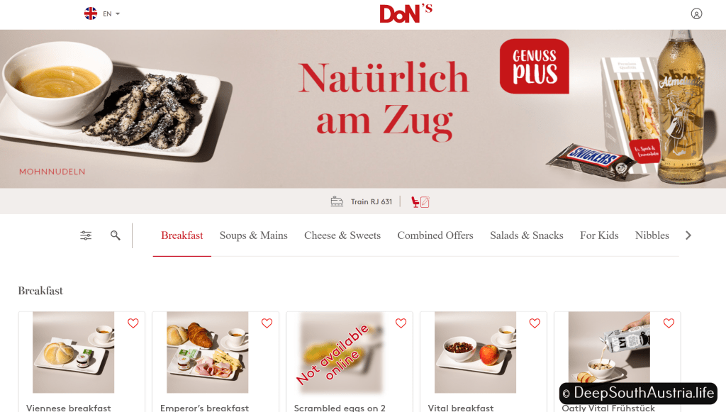 Resturant menu on Free magazines on ÖBB RailJet train, Austria