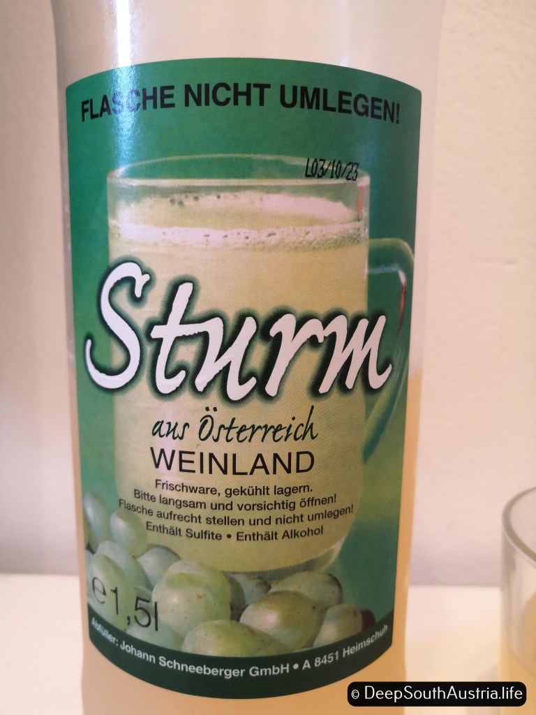 Close up of white sturm drink label from Austria