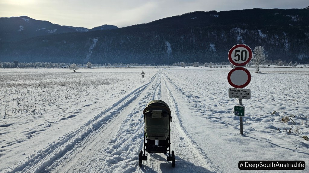 The R3 radweg covered in snow, Gail Valley, Carinthia, Austria,
